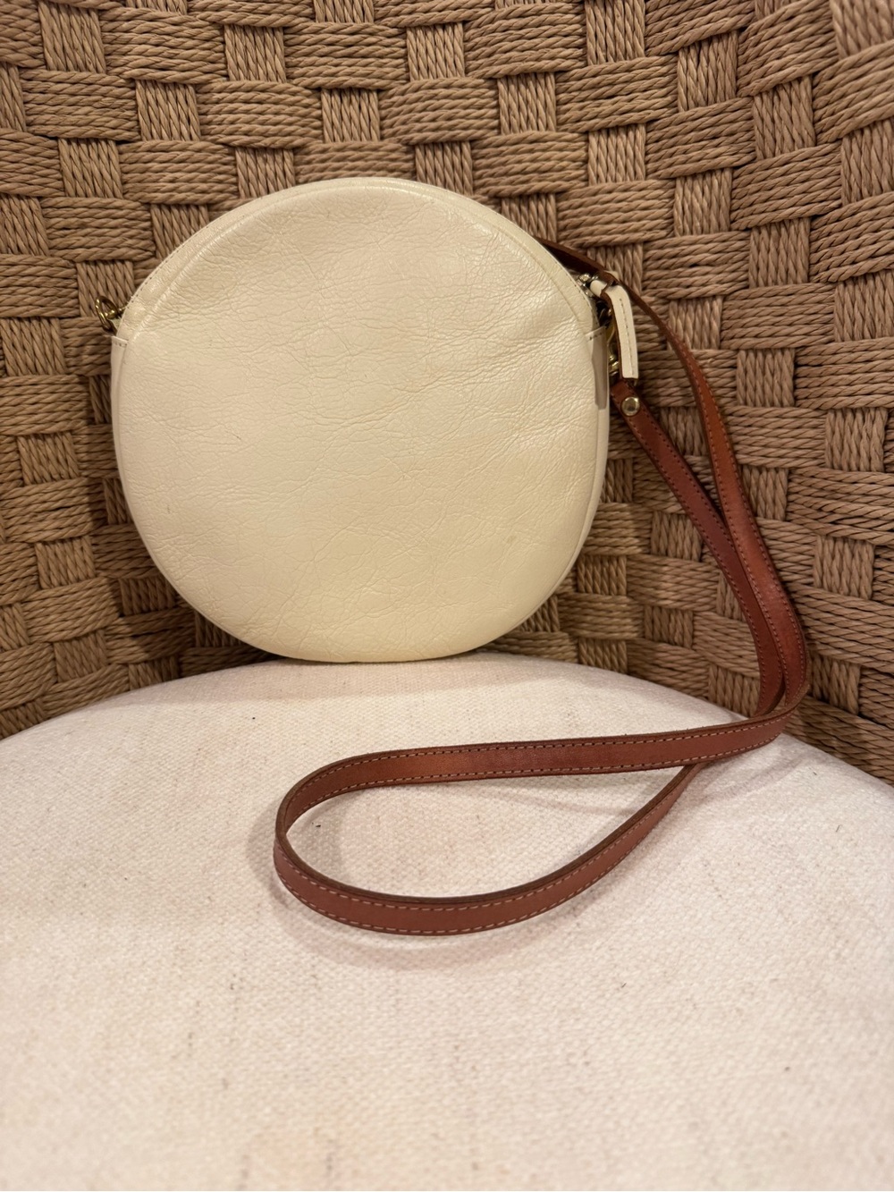Clare V. Cream Round Crossbody Clutch Bag with Brown Strap